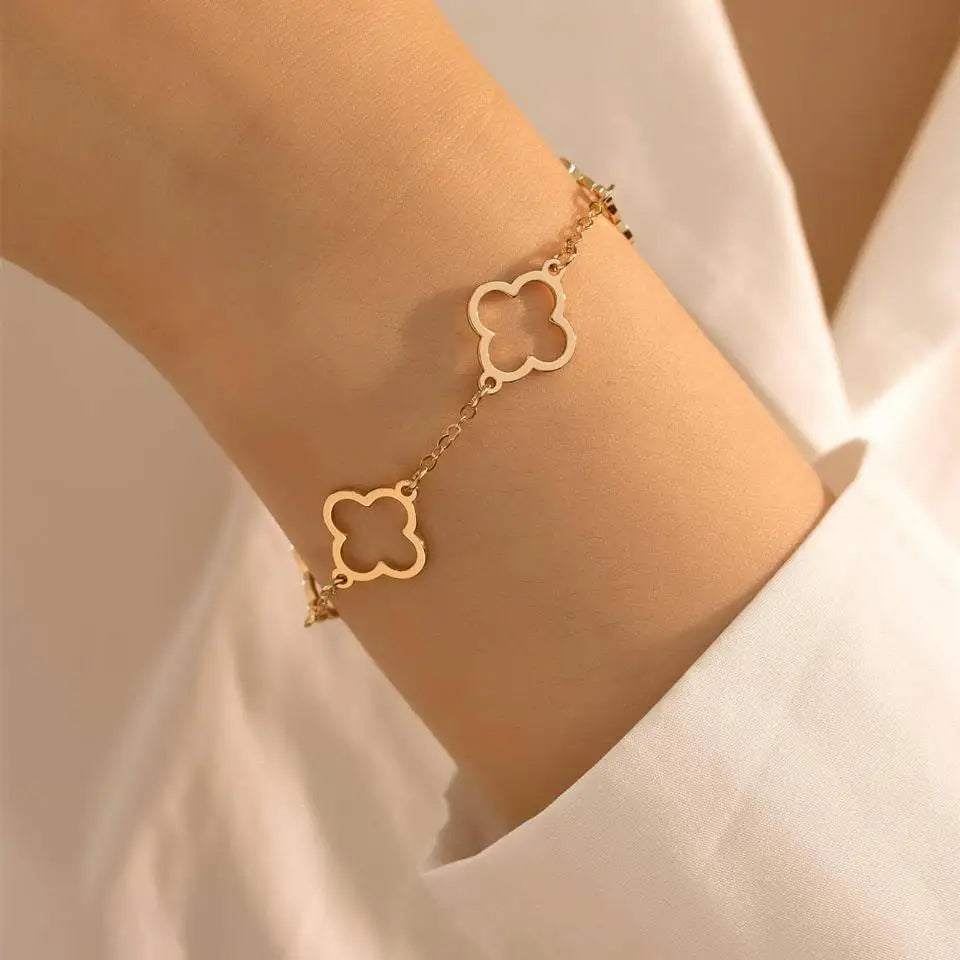 2PCS French Lucky Clover Bracelet Set For Women Stainless Steel Bracelet