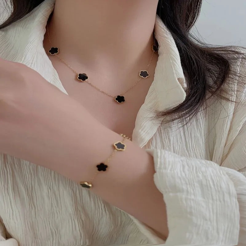 3pcs/Set Lucky Five-Petal Flower Necklace Bracelet Earrings Set for Women Elegant Clover Jewelry Gifts Accessories