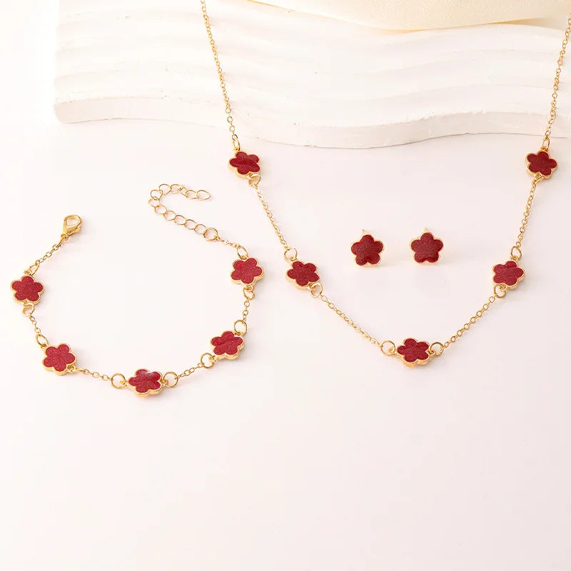 3pcs/Set Lucky Five-Petal Flower Necklace Bracelet Earrings Set for Women Elegant Clover Jewelry Gifts Accessories