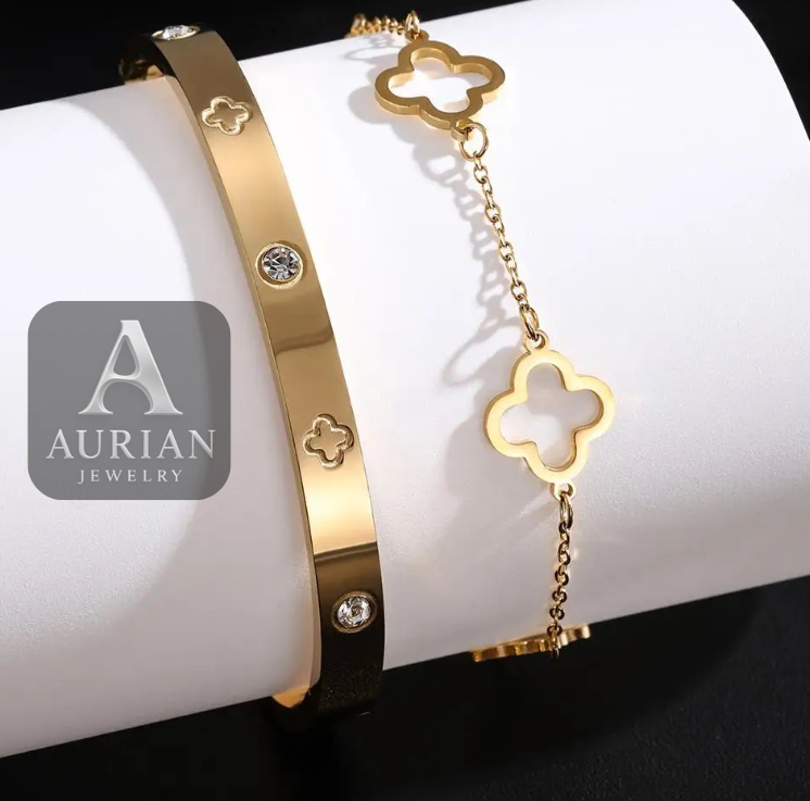 2PCS French Lucky Clover Bracelet Set For Women Stainless Steel Bracelet